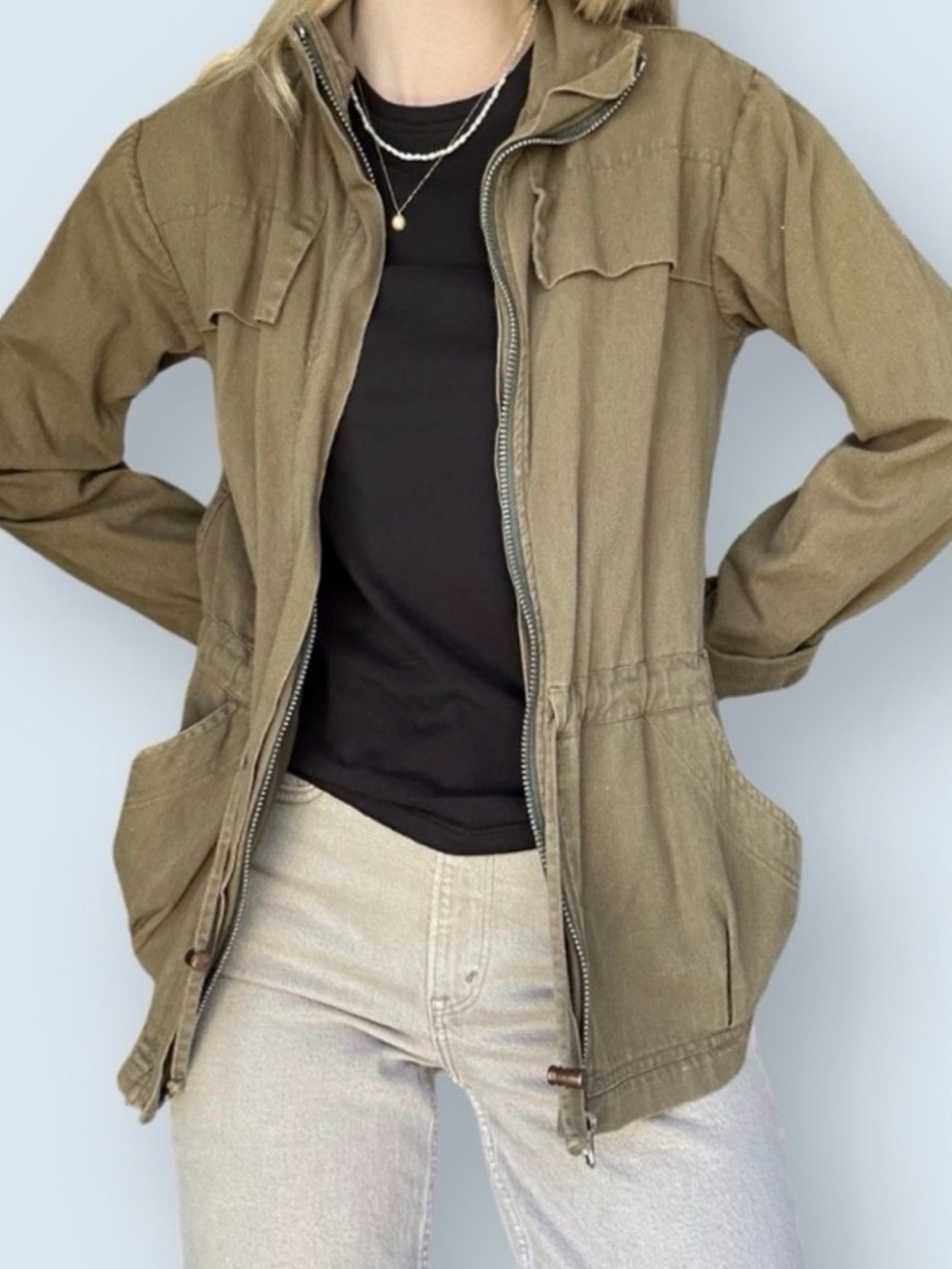 UGC Urban Outfitters 100% COTTON Olive Green Utility Jacket Drawstring SZ S